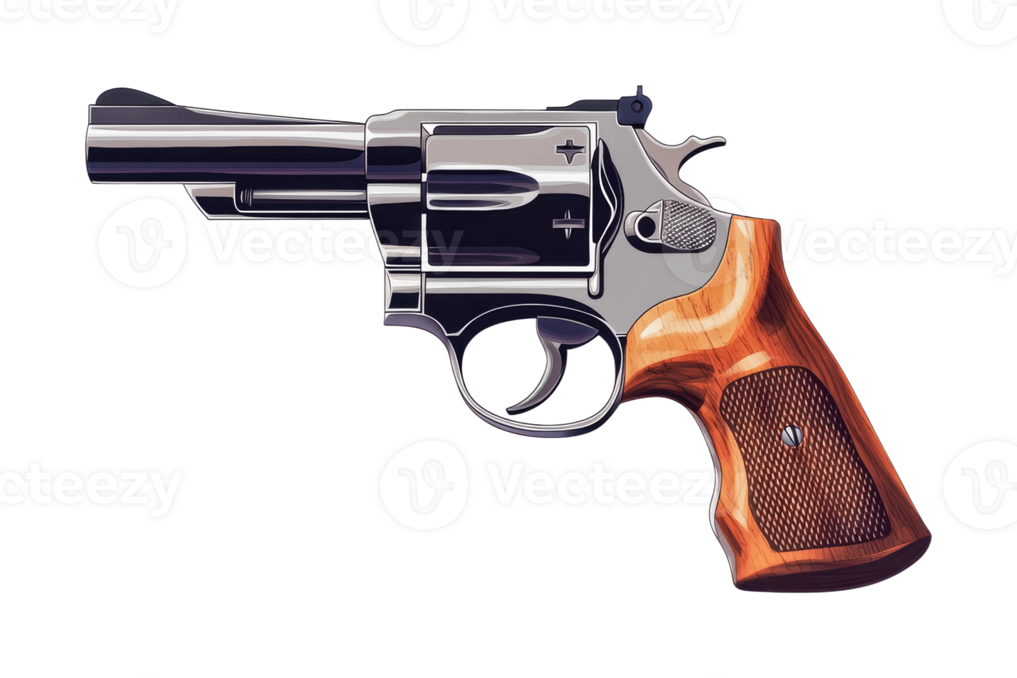 Silver revolver with wooden grip - detailed side view of firearm, cut out png