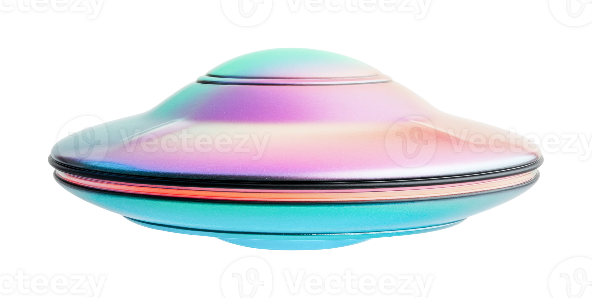 Colorful iridescent ufo-shaped object with smooth metallic surface, cut out png