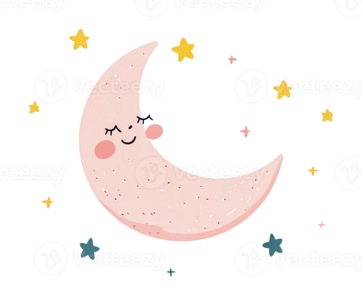 Whimsical cartoon crescent moon with smiley face and colorful stars, cut out png