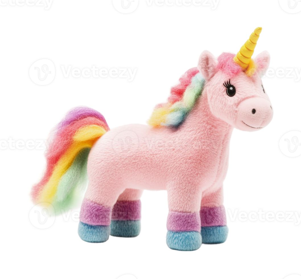 Colorful plush unicorn toy with rainbow mane and tail, cut out png
