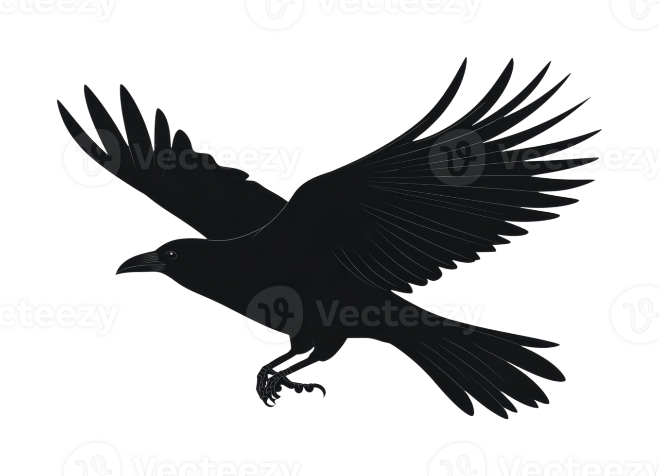 Silhouette of a flying crow with outstretched wings, cut out png
