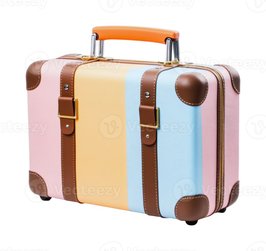 Colorful vintage suitcase with stripes and leather accents, cut out png