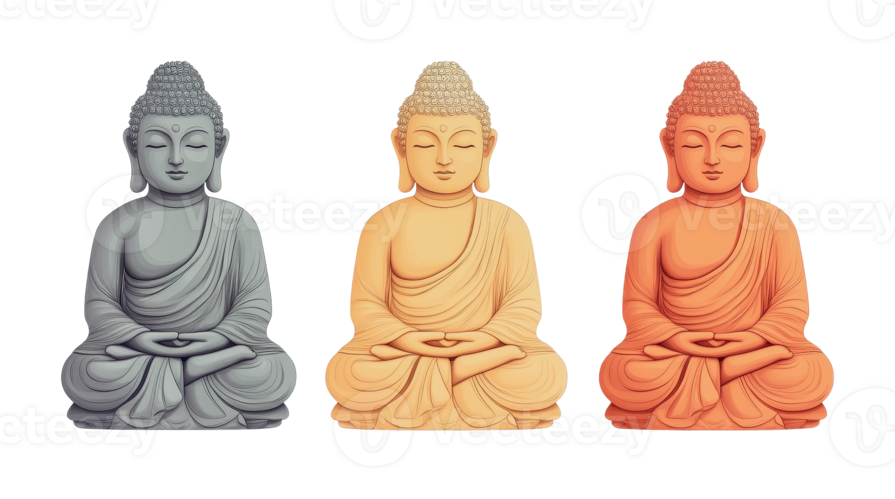 Three multicolored buddha statues in meditation pose, cut out png