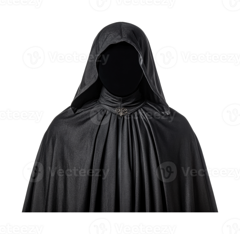 Mysterious hooded cloak and masked figure in shadow, cut out png