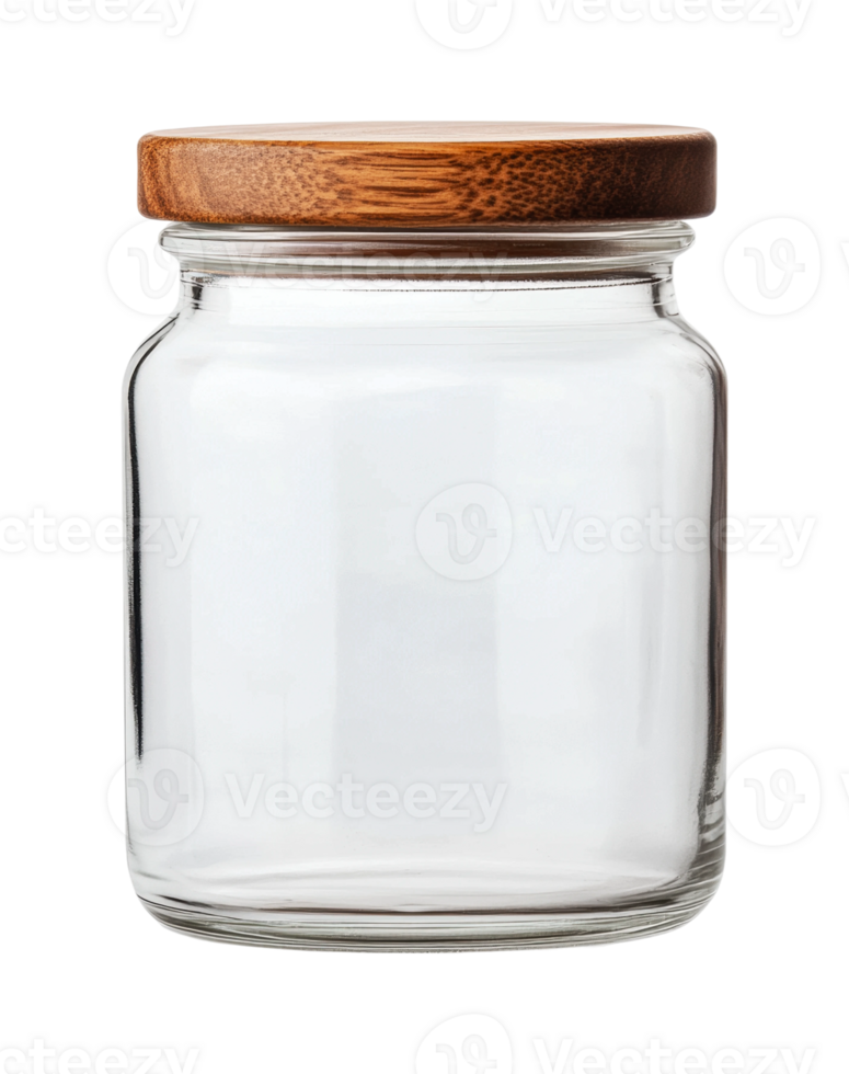 Clear glass jar with wooden lid for storage and organization, cut out png