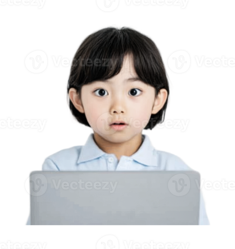 Asian male child surprised while using laptop isolated against white background, cut out png