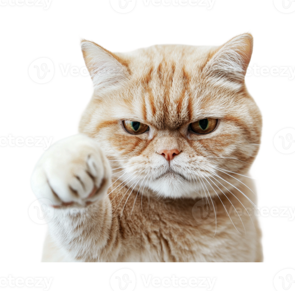 Grumpy orange cat showing paw in a cute gesture, cut out png