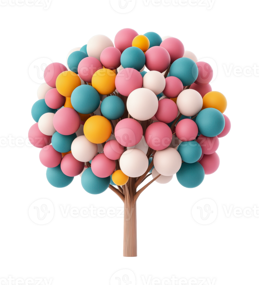 Colorful balloon tree sculpture with vibrant spheres on brown trunk, cut out png
