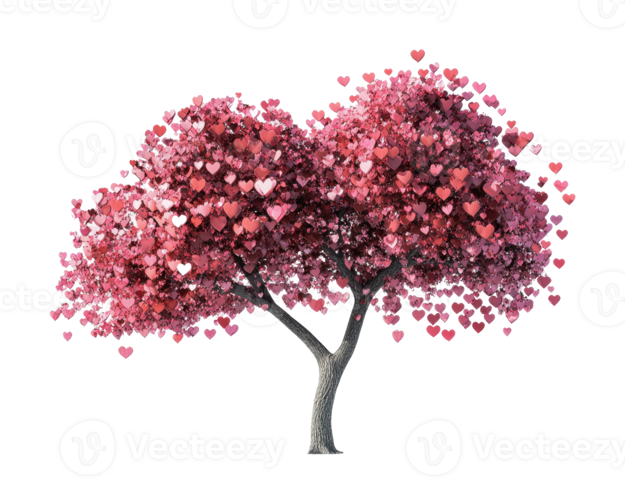 Heart-shaped blossom tree with pink and red leaves isolated on black, cut out png