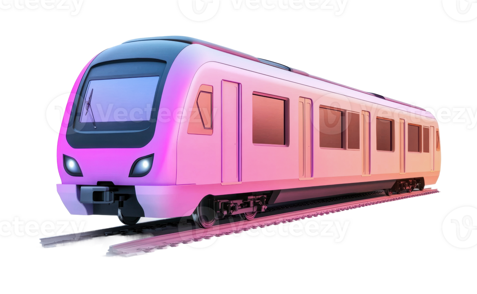 Futuristic pink passenger train on rails with modern design, cut out png