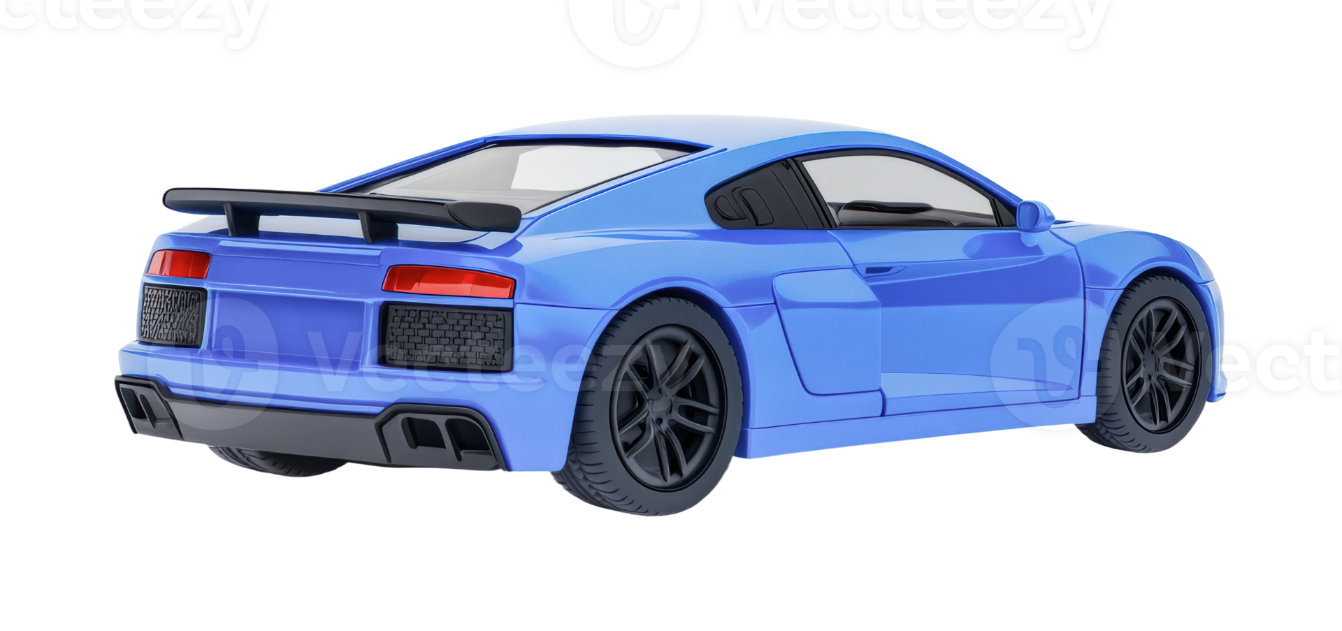 Blue sports car with sleek design and black wheels viewed from rear angle, cut out png