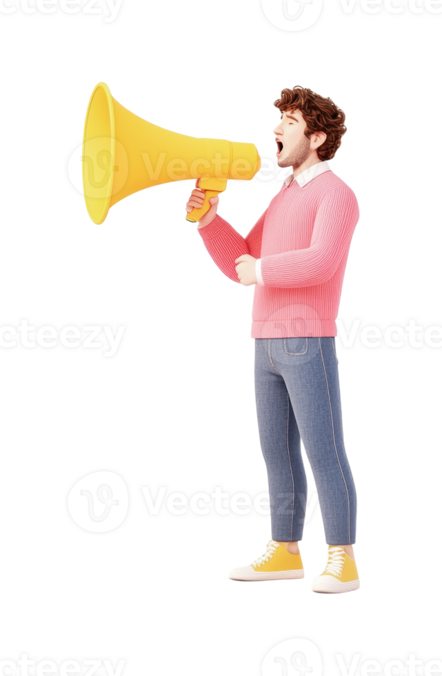 Animated young caucasian male character shouting through yellow megaphone in pink sweater, cut out png