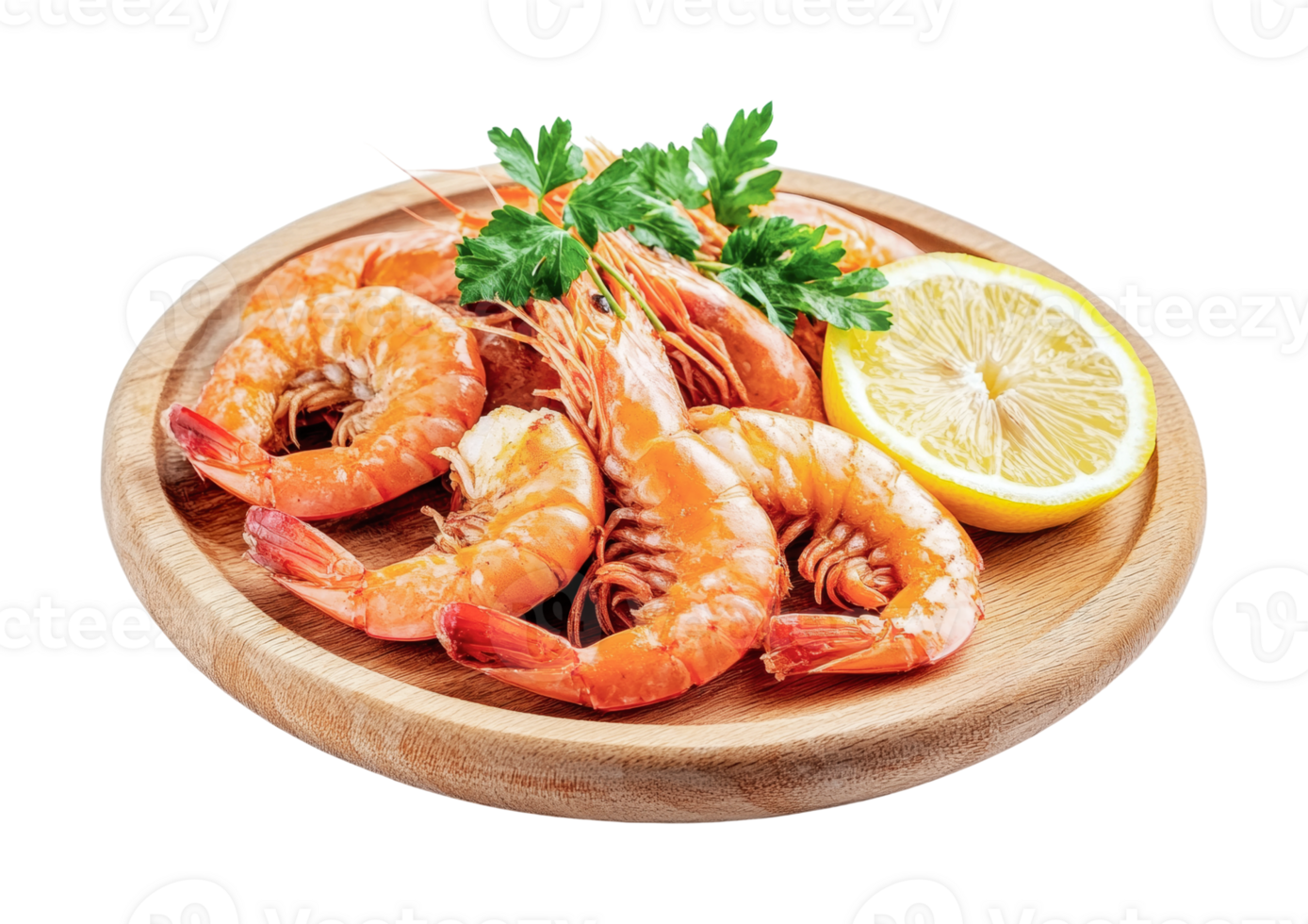 Delicious grilled shrimp with lemon and parsley on wooden plate png
