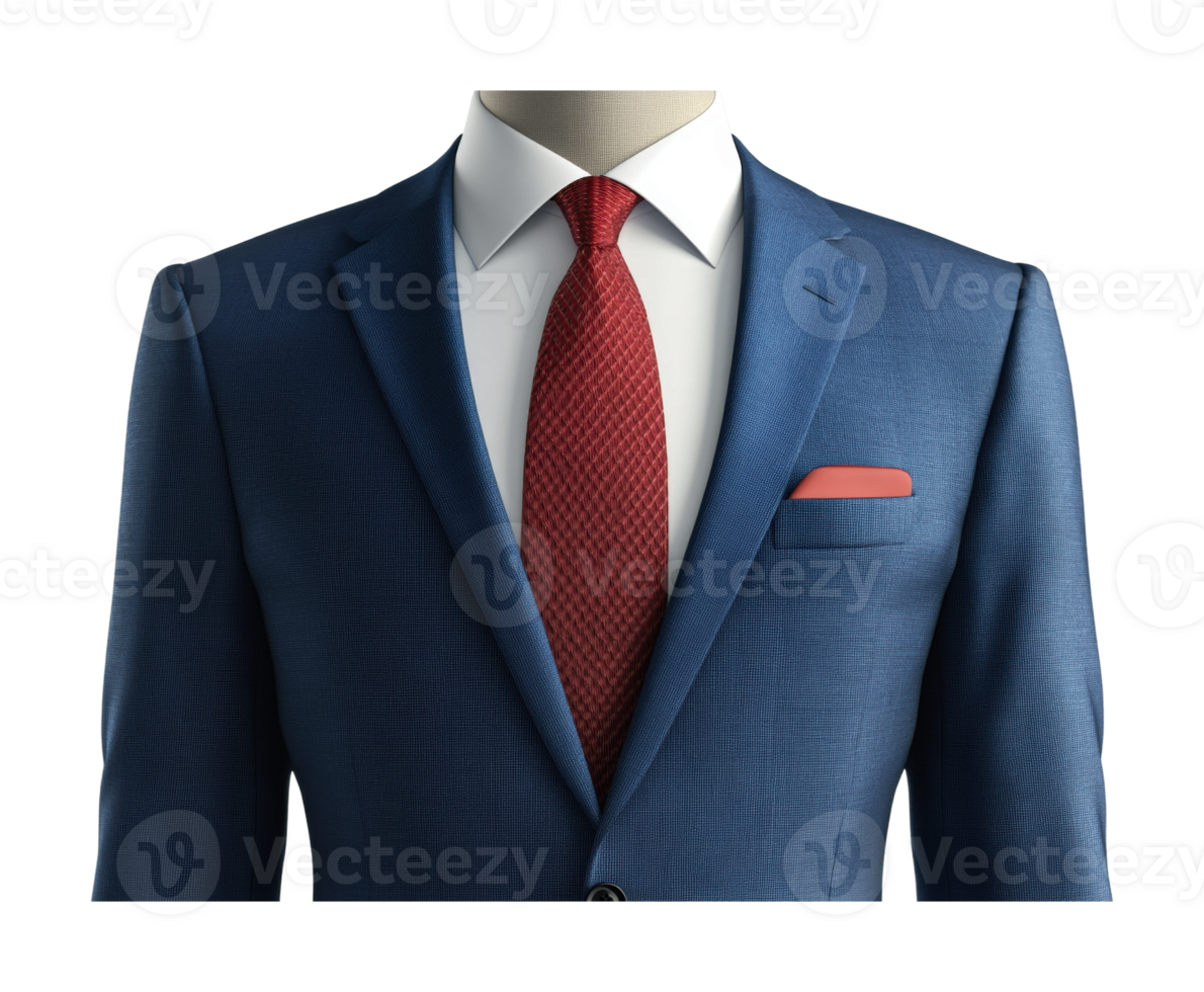 Elegant blue suit with red tie and pocket square on display mannequin, cut out png
