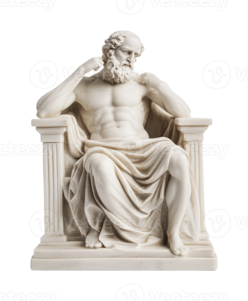 Marble statue of a seated philosopher with classic greek features and thoughtful pose png