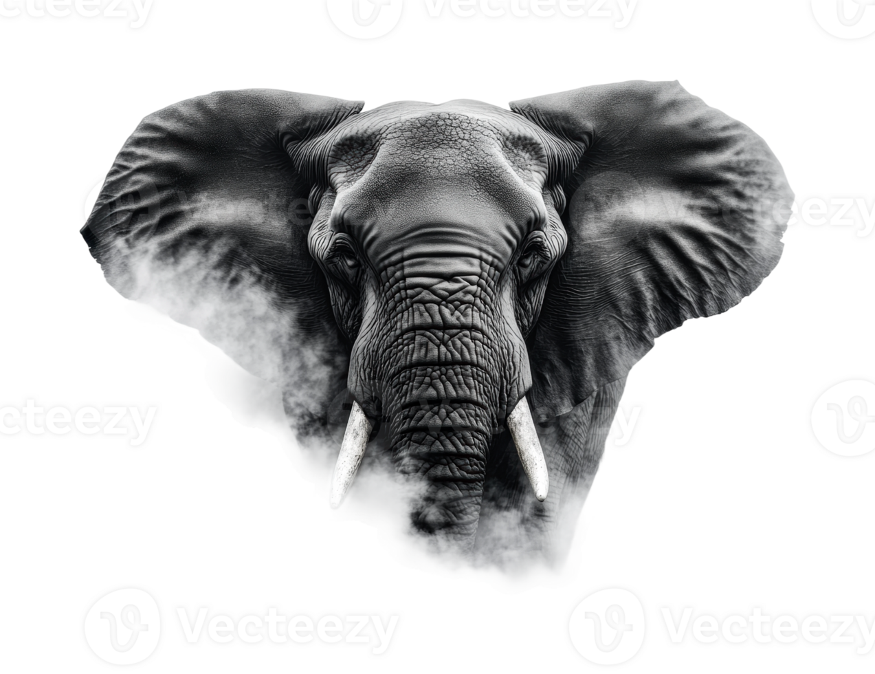 Majestic elephant with textured skin and ivory tusks emerging from mist png