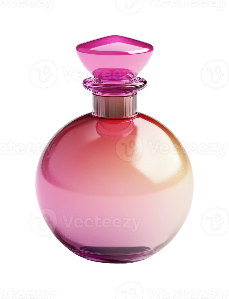 Elegant pink gradient perfume bottle with faceted stopper, cut out png