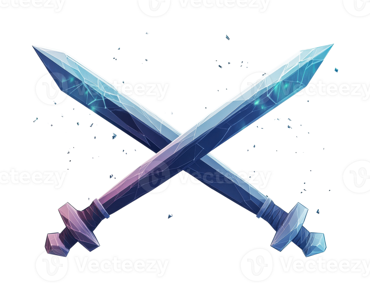 Crossed crystal swords with magic shards on black background png