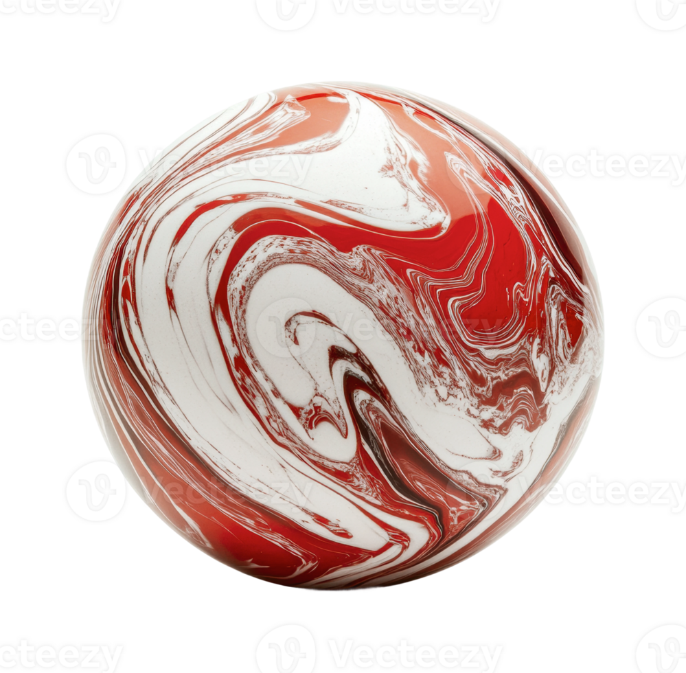Vibrant red and white marbleized sphere with intricate swirling patterns png