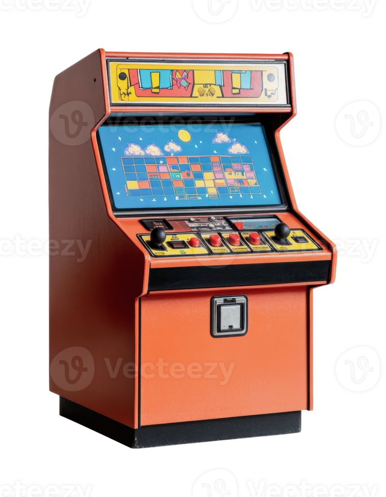 Retro arcade machine with colorful graphics and joystick controls png