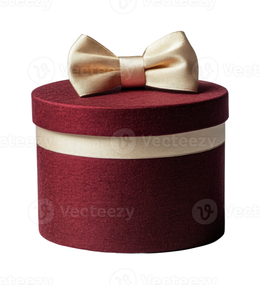 Elegant red circular gift box with gold ribbon and bow on black background png