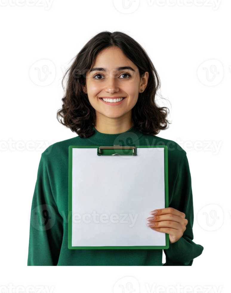 Young hispanic female holding blank clipboard and smiling png