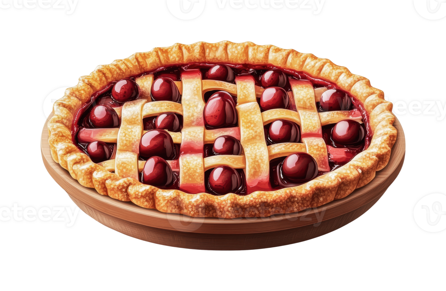 Delicious cherry pie with golden lattice crust on wooden plate png