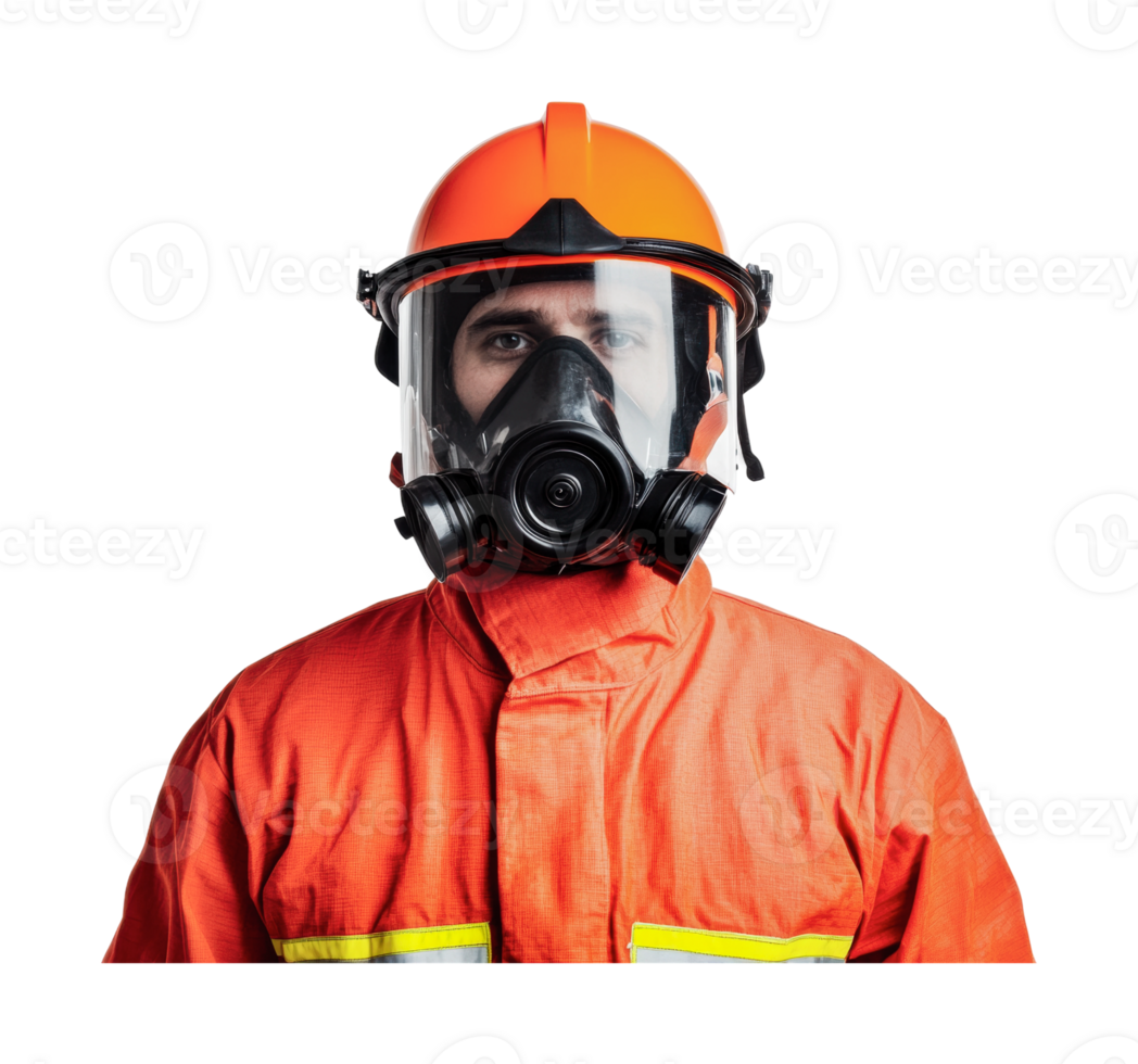 Caucasian male adult firefighter in full protective gear with gas mask png