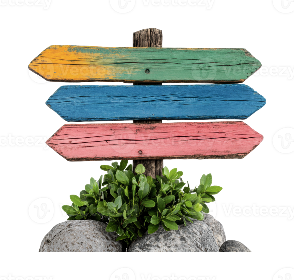 Colorful wooden directional signs on rock base with green foliage png