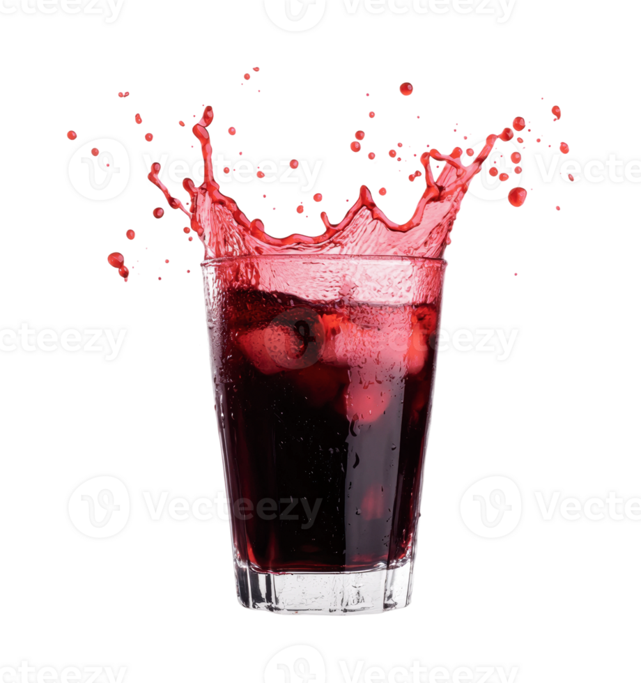 Refreshing red berry splash in a glass with ice against black background png