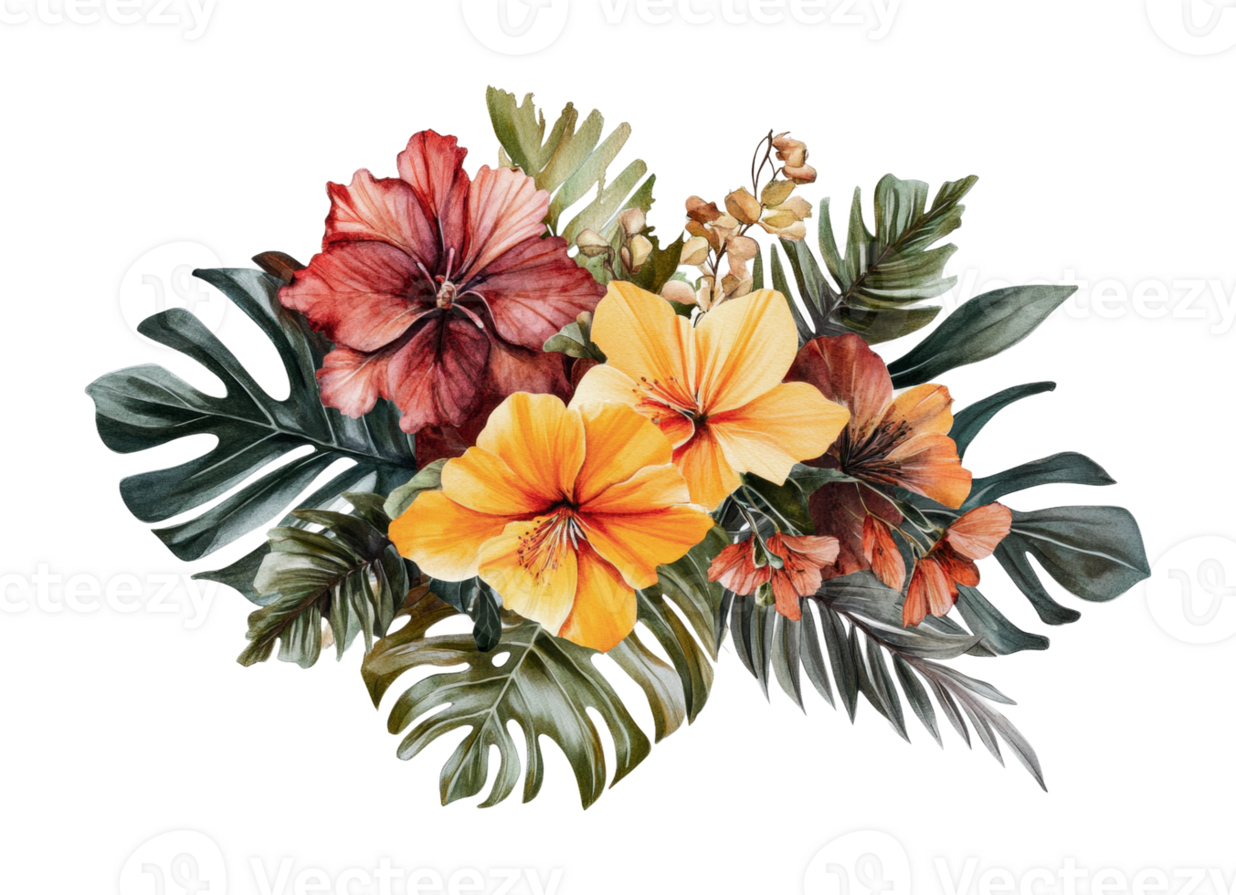 Colorful tropical flower arrangement with lush green leaves png