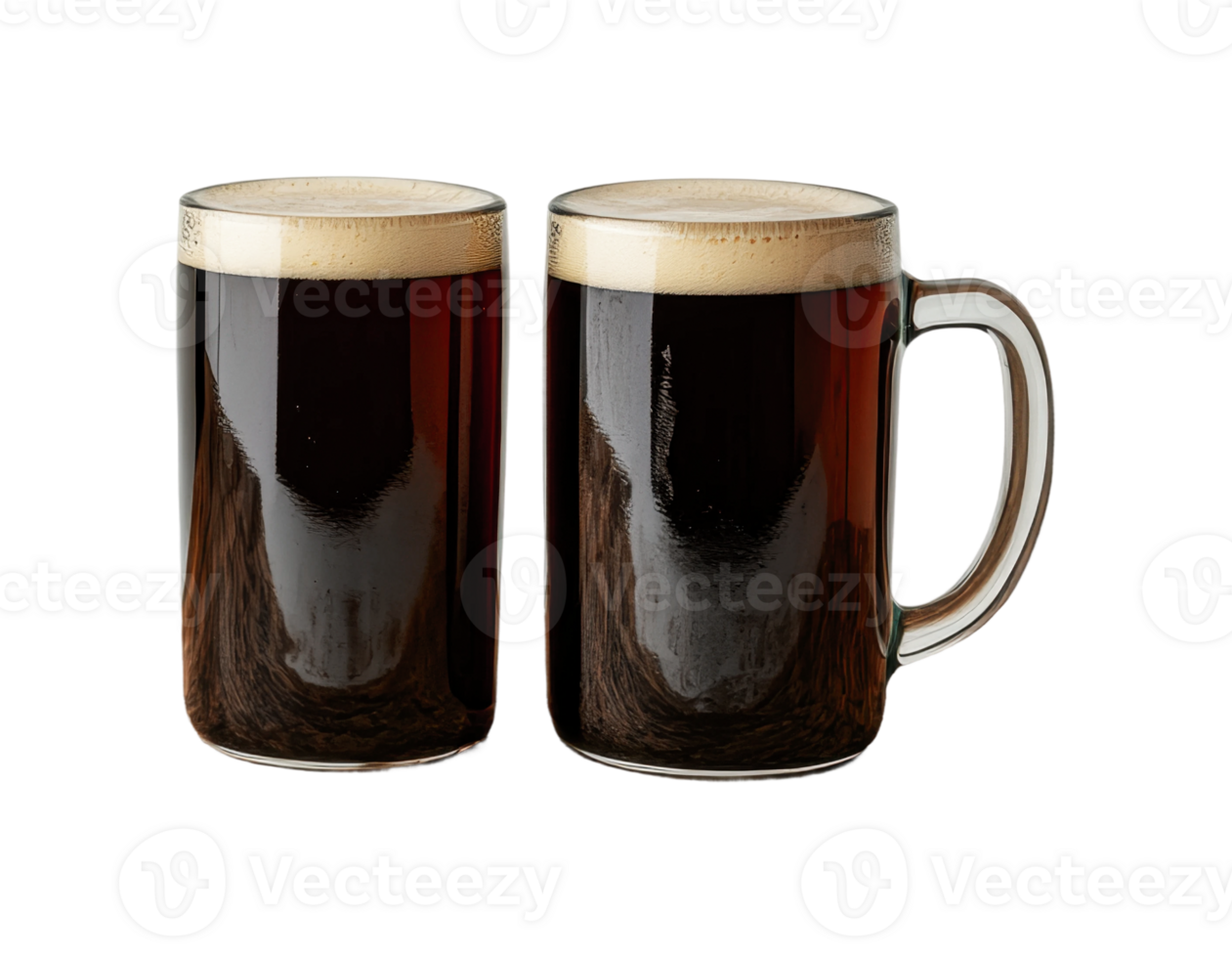 Two full dark beer mugs with foam on top png