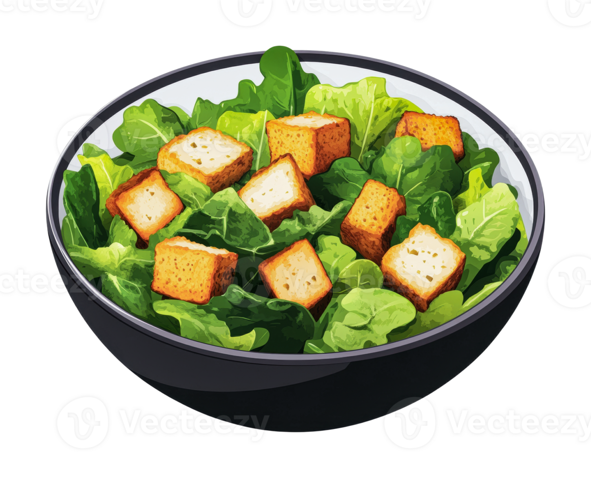 Fresh caesar salad with croutons in black bowl png