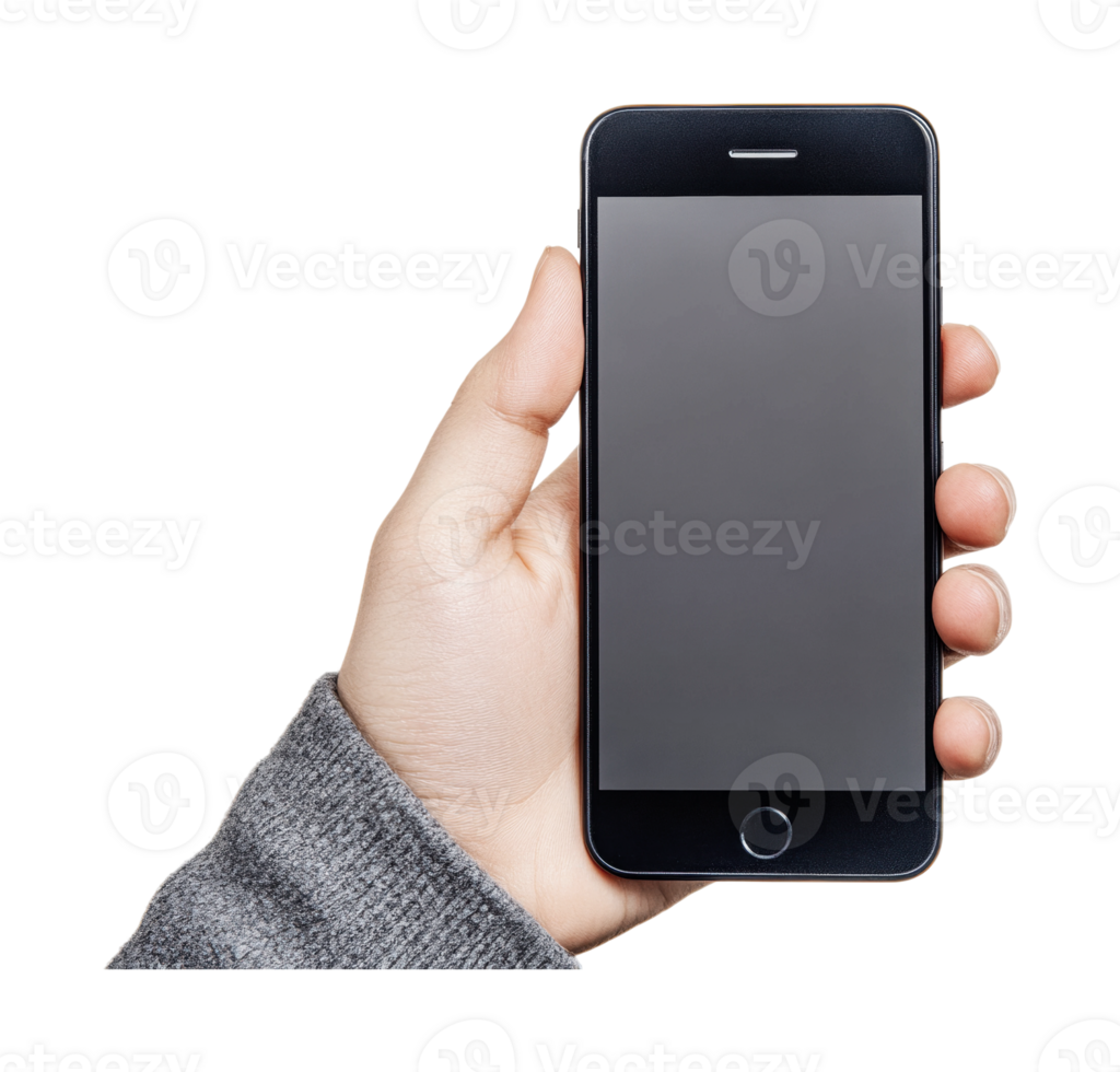 Hand holding smartphone with blank screen isolated on white background png