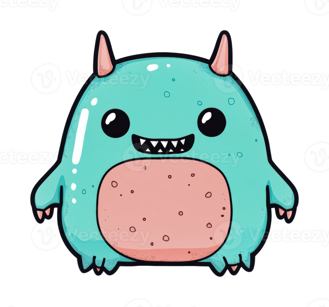 Cute green cartoon monster with pink belly and horns png