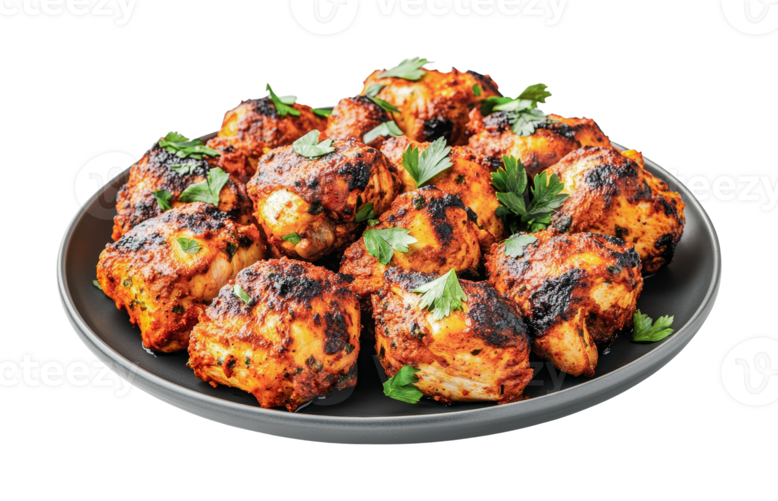 Delicious grilled chicken tikka with fresh cilantro garnish on a black plate png