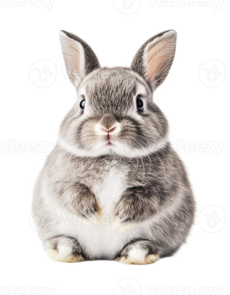 Fluffy gray rabbit with upright ears and adorable expression png
