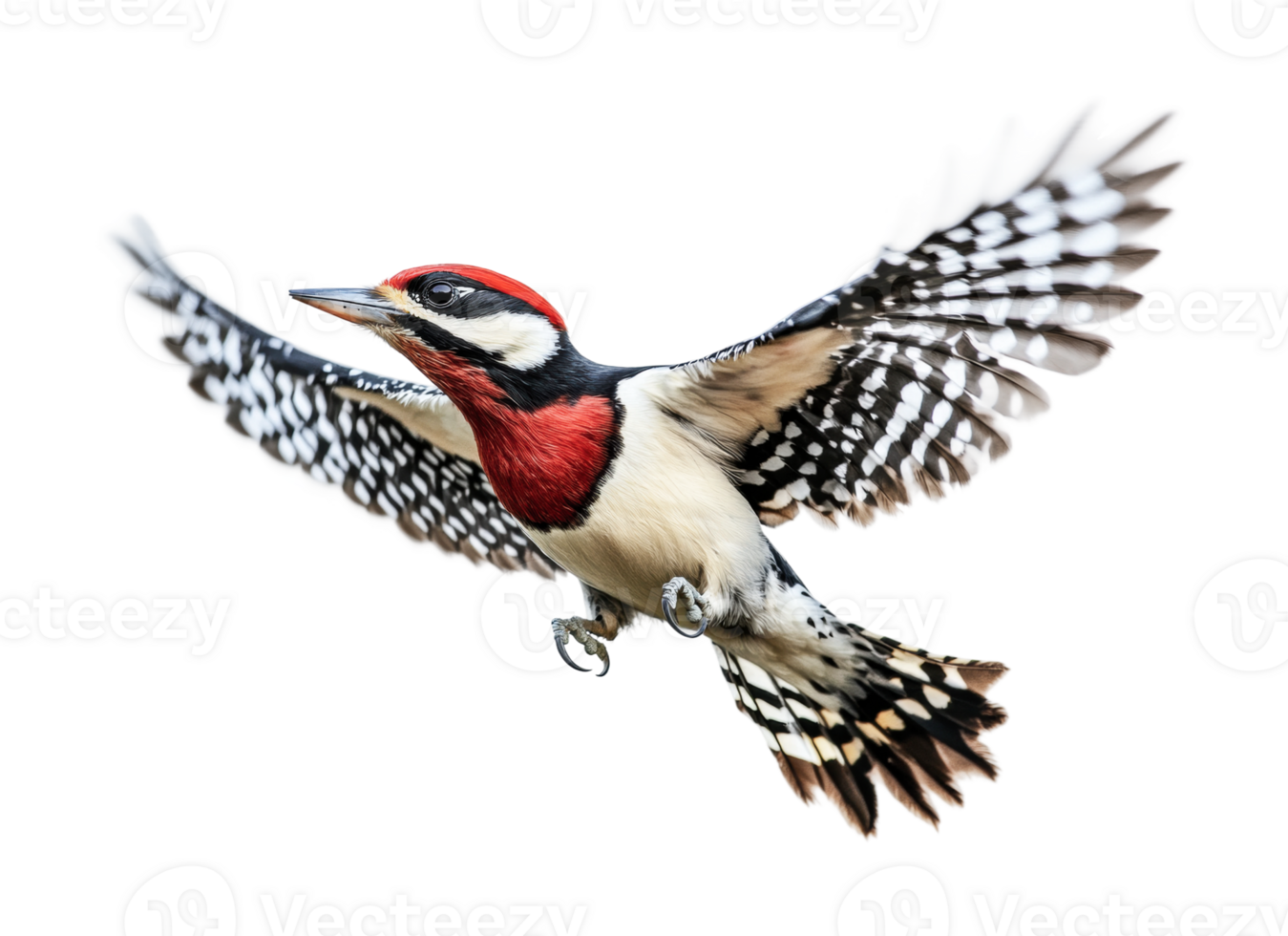 Vibrant red-crowned woodpecker in flight with open wings displaying unique plumage png
