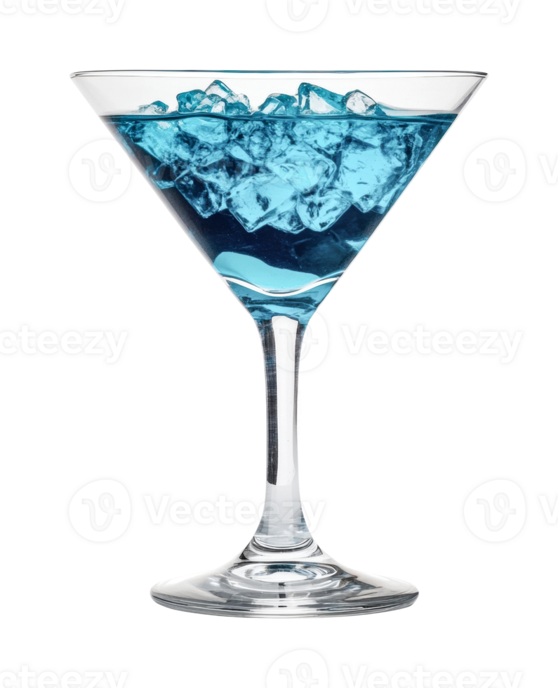 Chilled martini glass filled with blue cocktail and ice cubes png