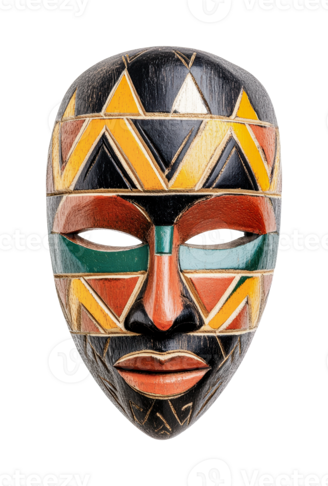 Colorful geometric patterned african tribal mask with carved details png