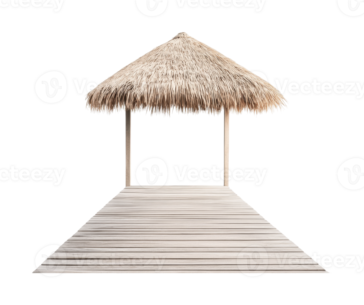 Thatched gazebo on wooden pier against white background png