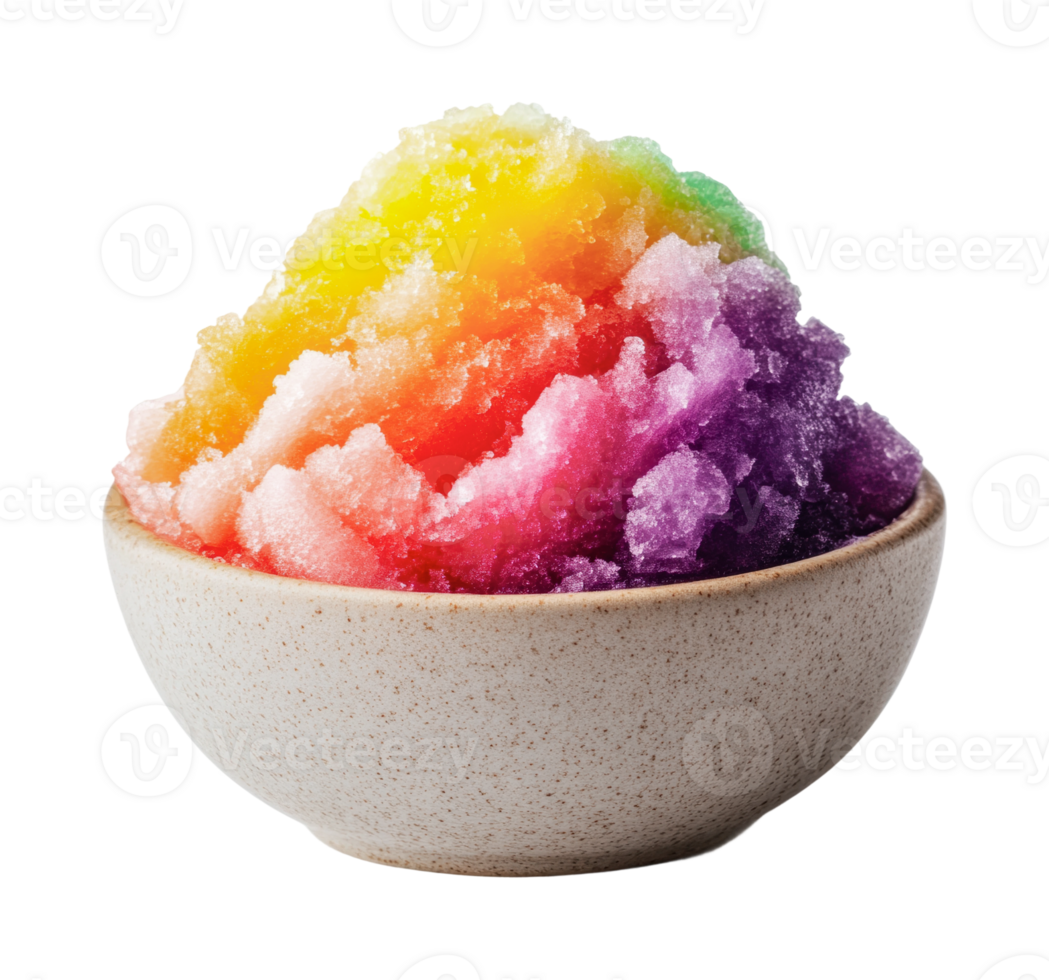 Vibrant rainbow shaved ice in ceramic bowl on black background png