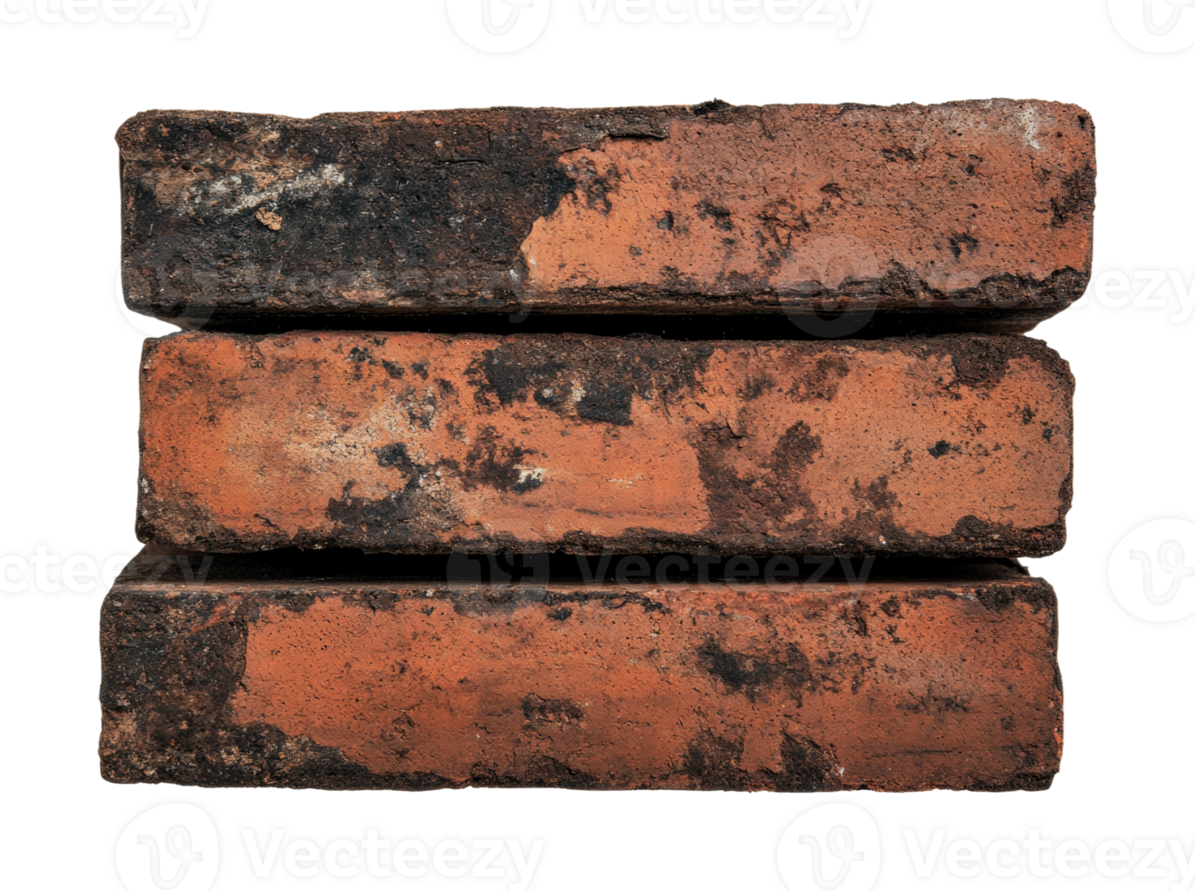 Stack of three rustic red bricks with weathered texture on black background png