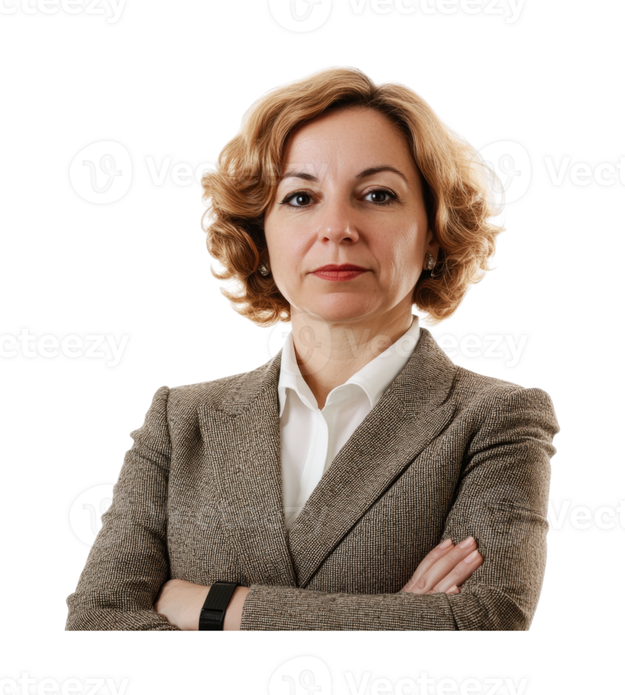 Confident caucasian female professional in business attire with arms crossed png