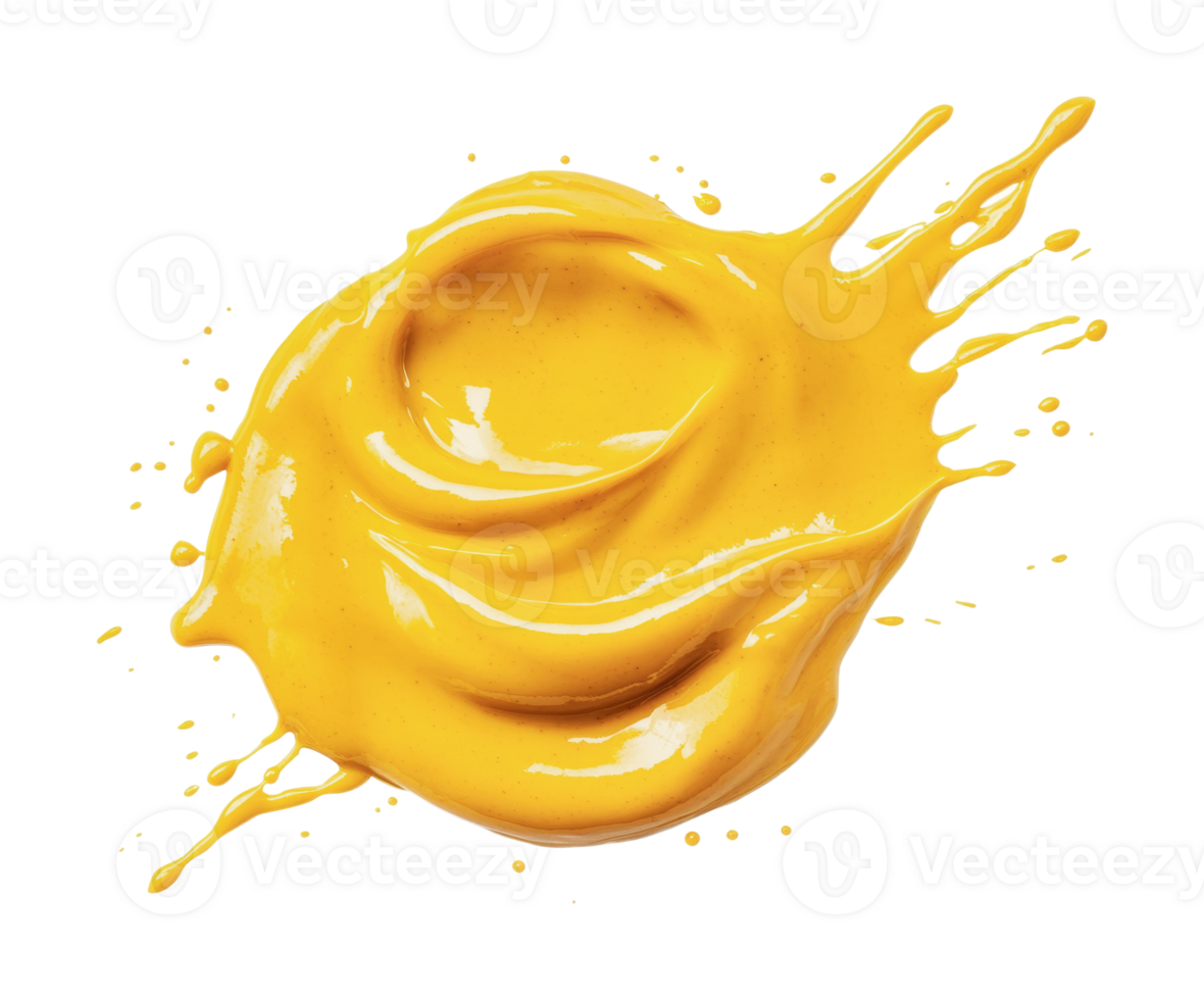 Bright yellow mustard splash with dynamic swirls on black background png