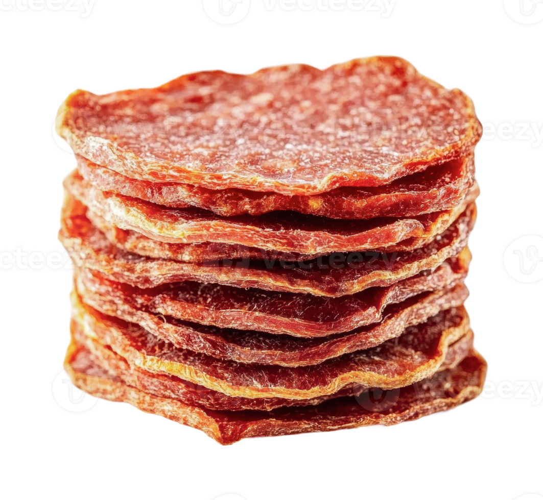 Stack of thinly sliced pepperoni against white background png