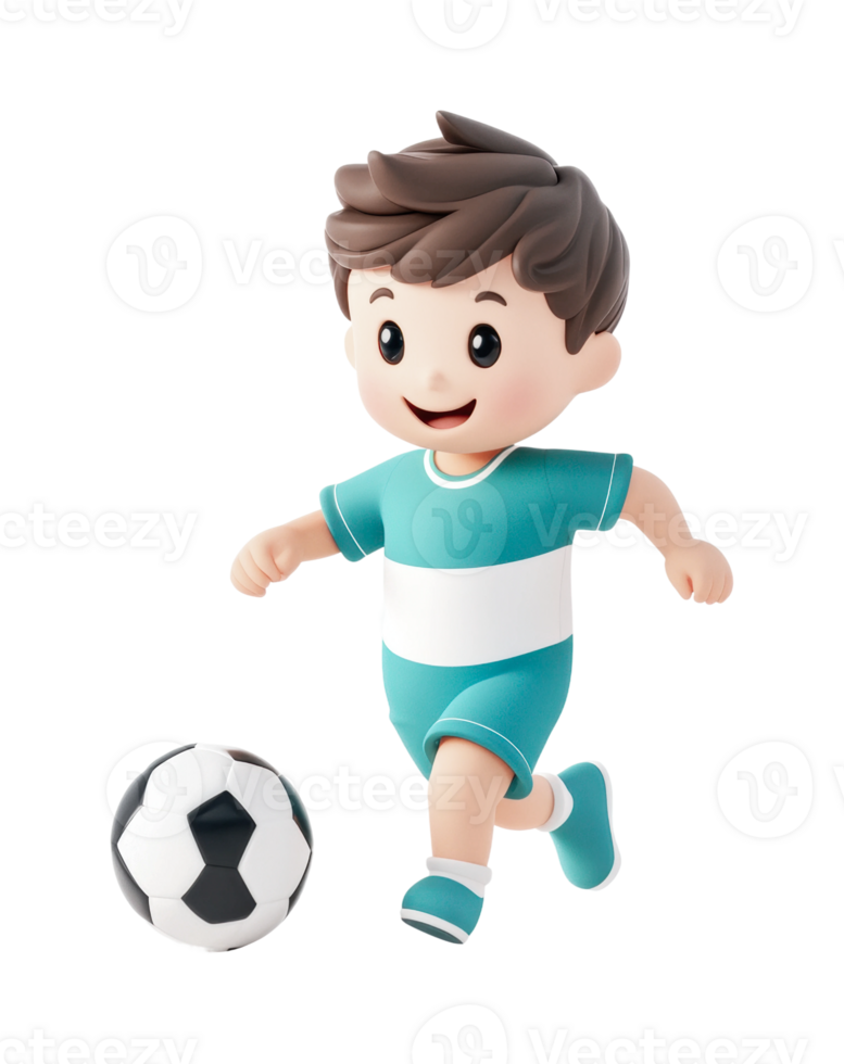 Cartoon boy playing soccer with a ball in blue uniform png