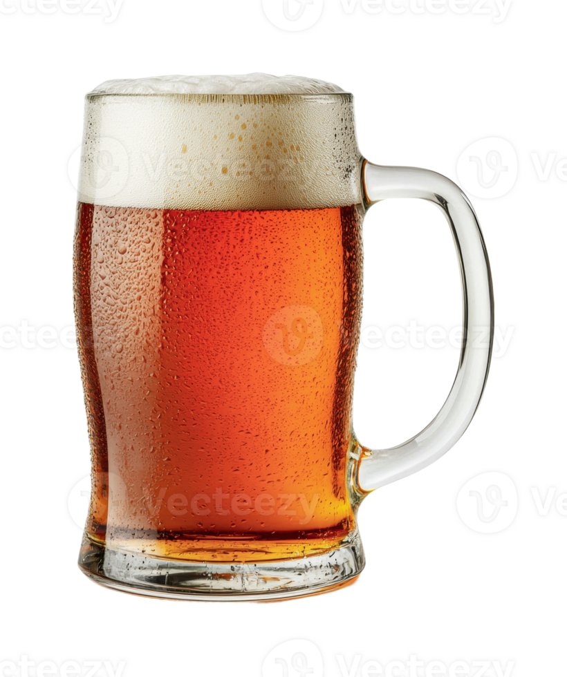 Frosty mug of amber ale with foam against black background png