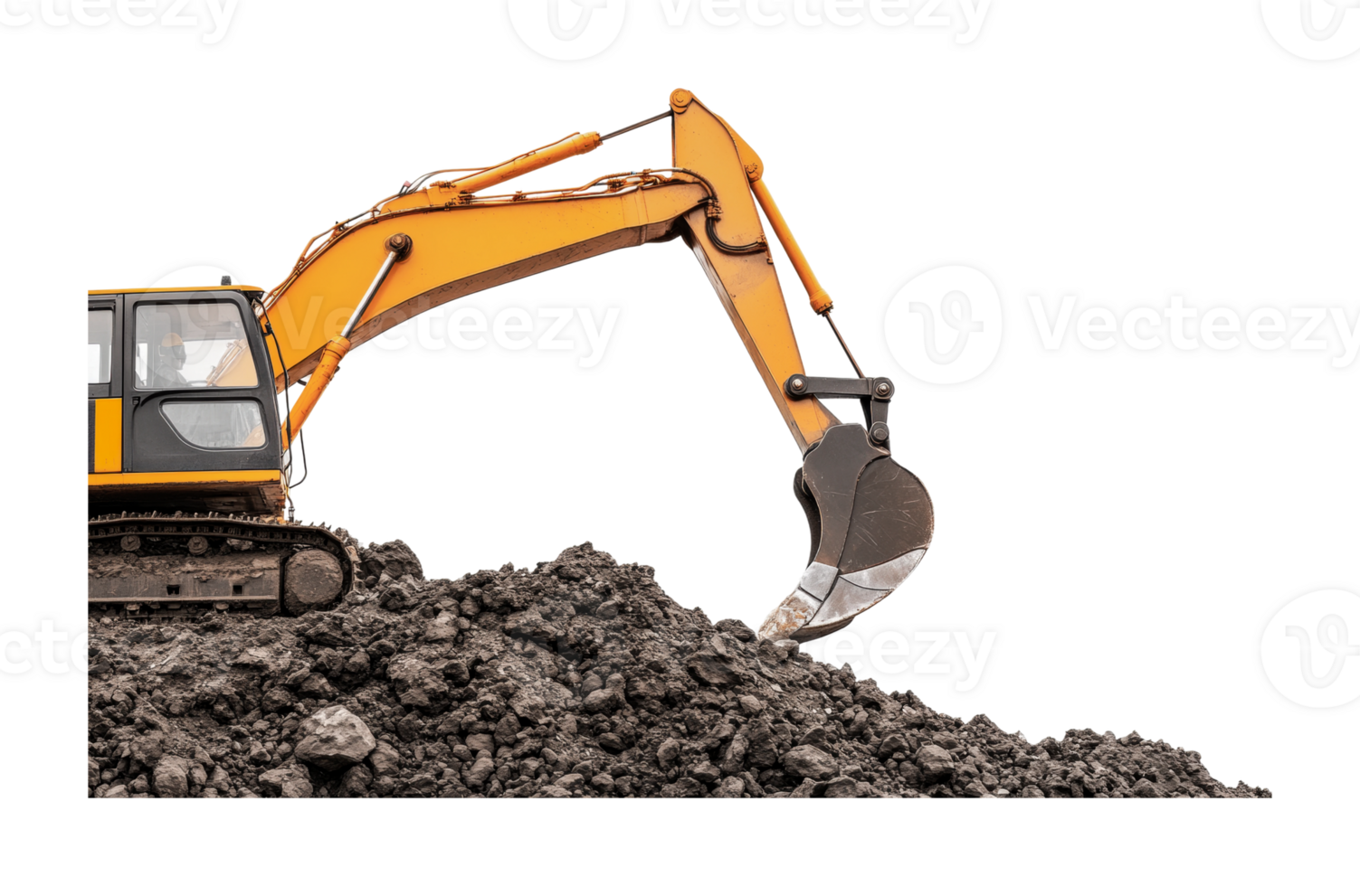 Yellow excavator digging earth with heavy machinery on rocky terrain png