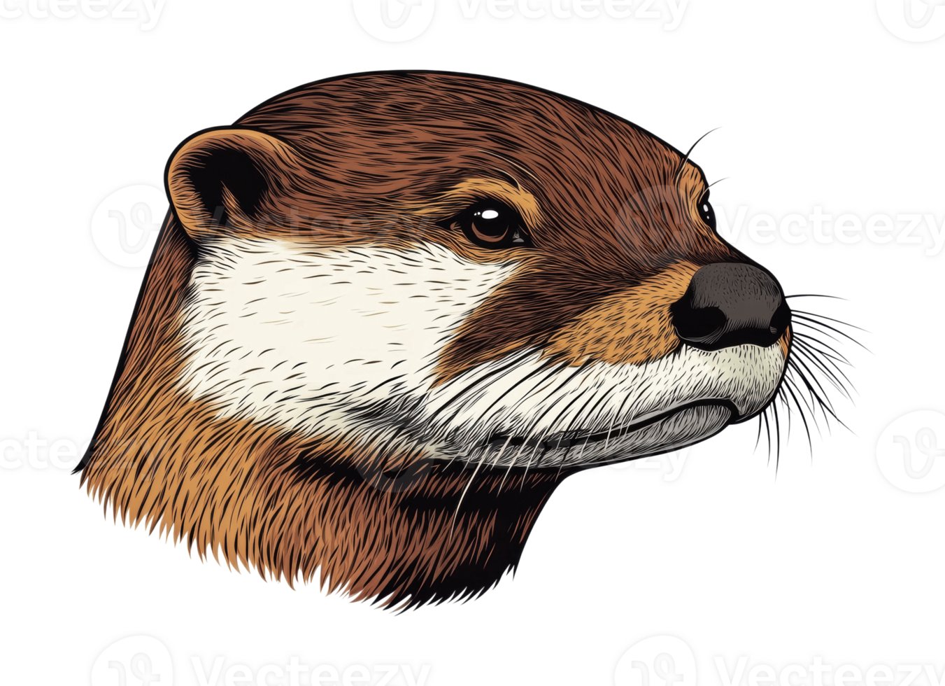 Illustration of an otter's face with detailed fur and whiskers png